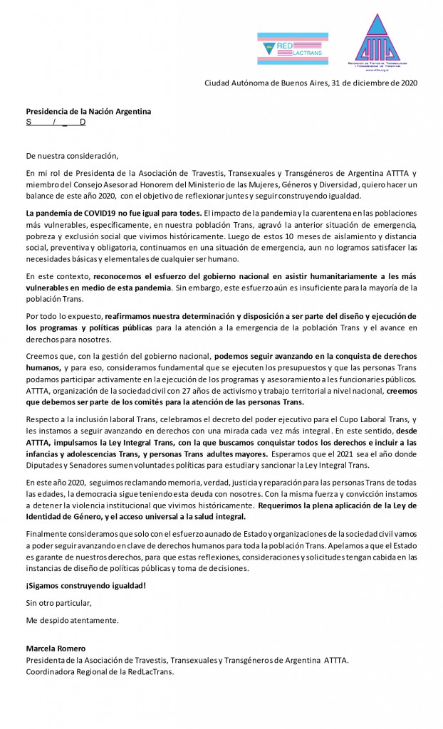Carta de ATTTA a Presidencia de la Nación Balance 2020
